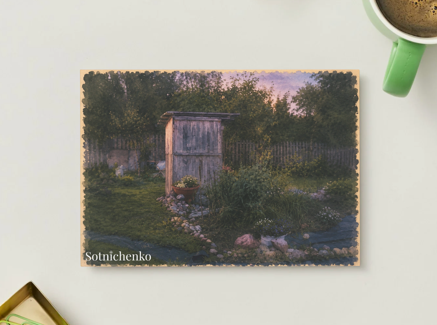 Twilight Garden Corner — Vintage Cottage Printable Postcard