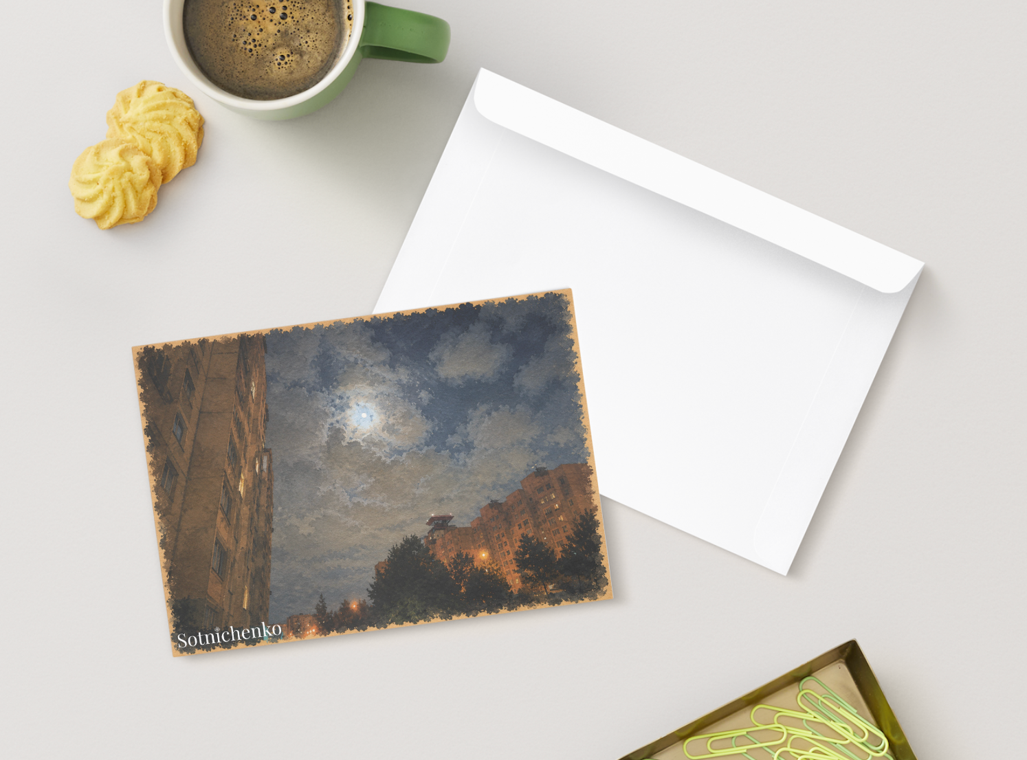 Moonlit City Sky — Urban Night Printable Postcard
