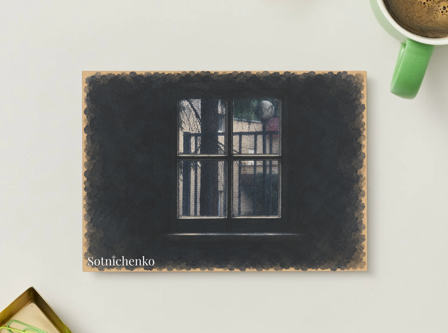 Through the Quiet Window — Moody Interior Printable Postcard