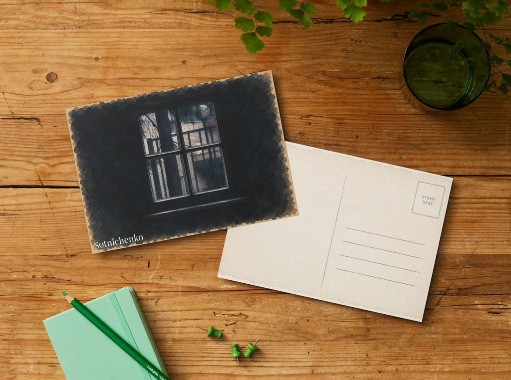 Through the Quiet Window — Moody Interior Printable Postcard