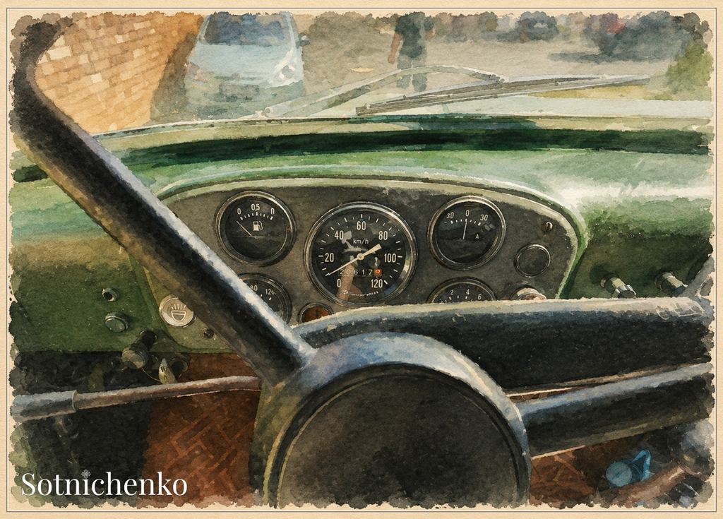 Behind the Wheel — Vintage Car Postcard