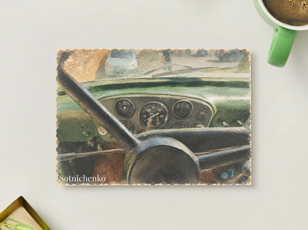 Behind the Wheel — Vintage Car Postcard