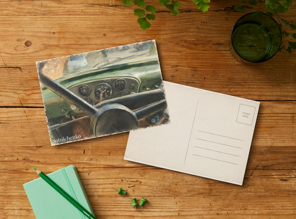 Behind the Wheel — Vintage Car Postcard