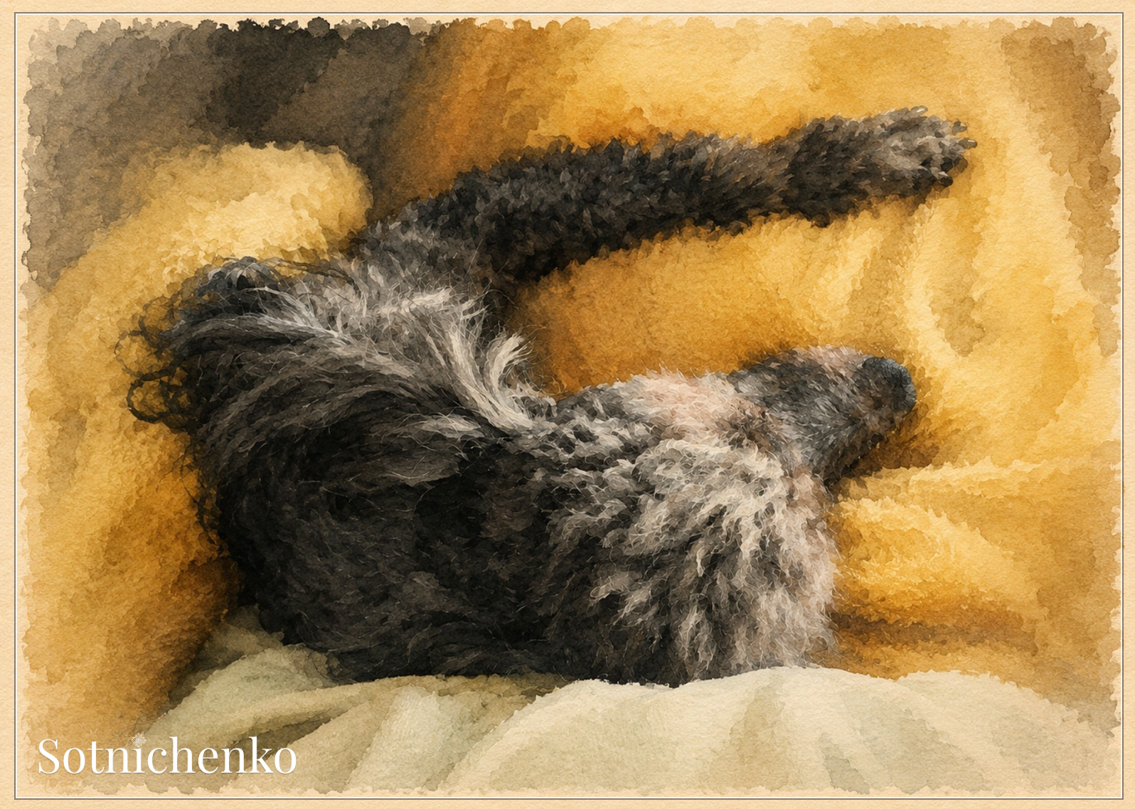 Sleepy Poodle Stretch — Cozy Pet Printable Postcard
