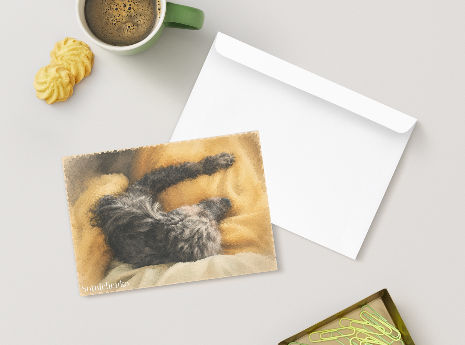 Sleepy Poodle Stretch — Cozy Pet Printable Postcard