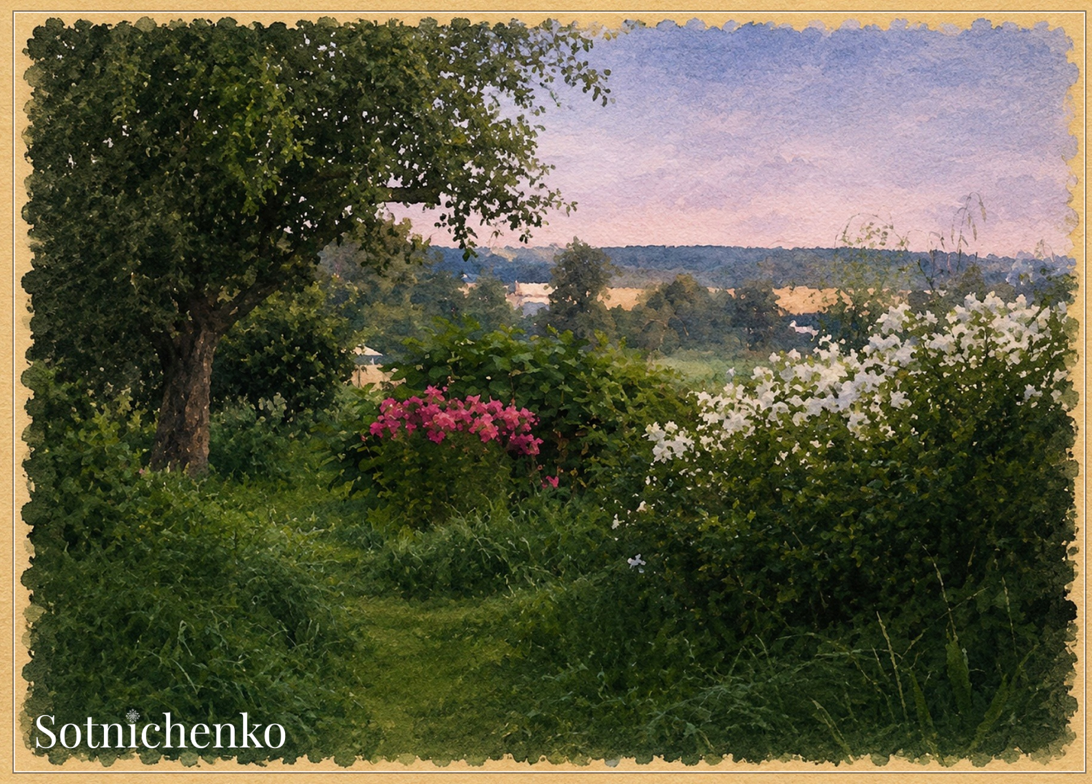 Blooming Garden at Dusk — Vintage Landscape Printable Postcard