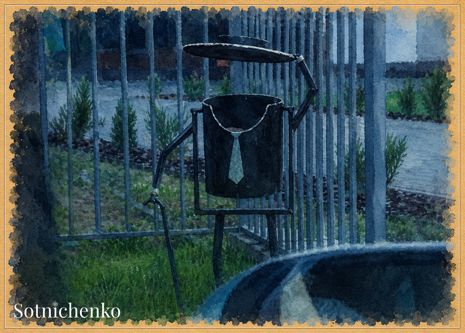 Little Bin in the Rain — Moody Urban Printable Postcard