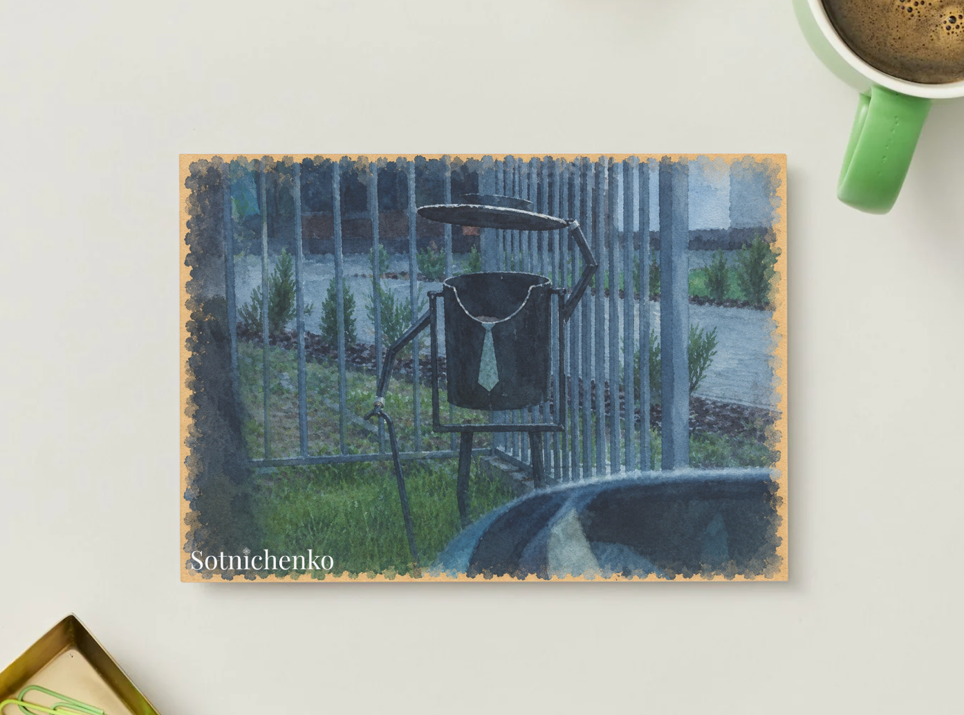 Little Bin in the Rain — Moody Urban Printable Postcard