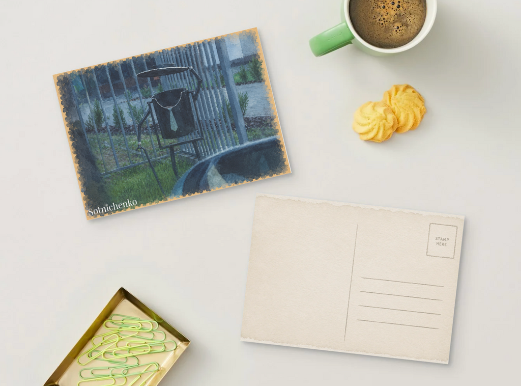 Little Bin in the Rain — Moody Urban Printable Postcard