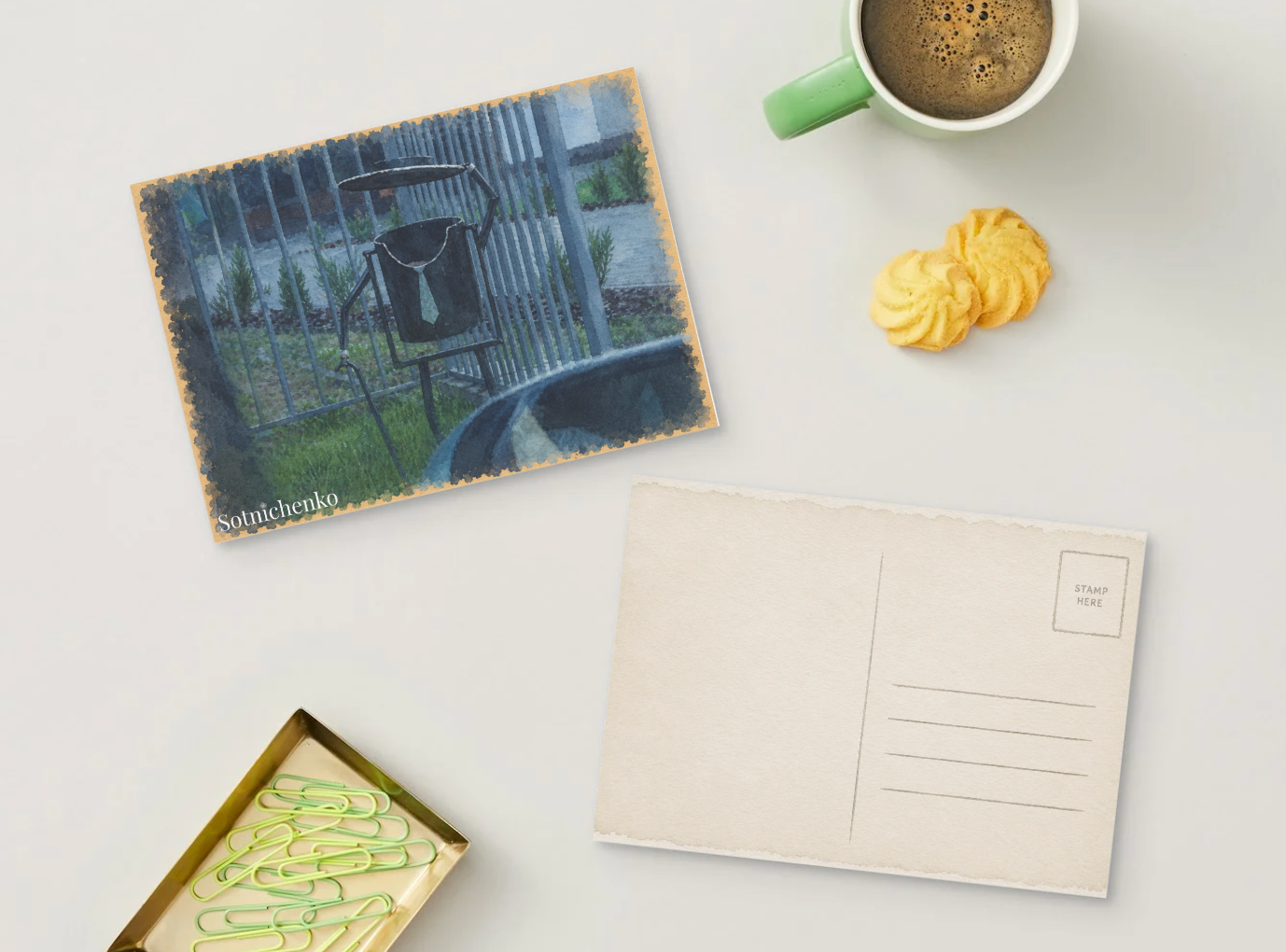 Little Bin in the Rain — Moody Urban Printable Postcard