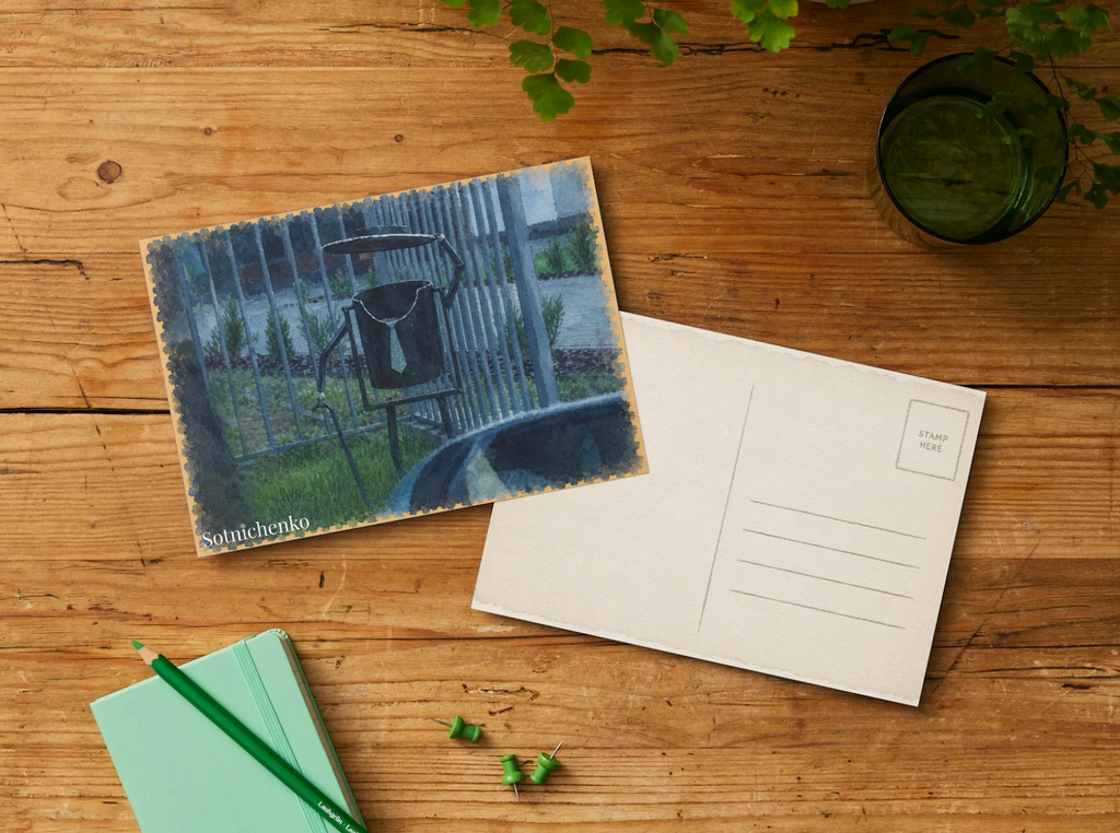 Little Bin in the Rain — Moody Urban Printable Postcard