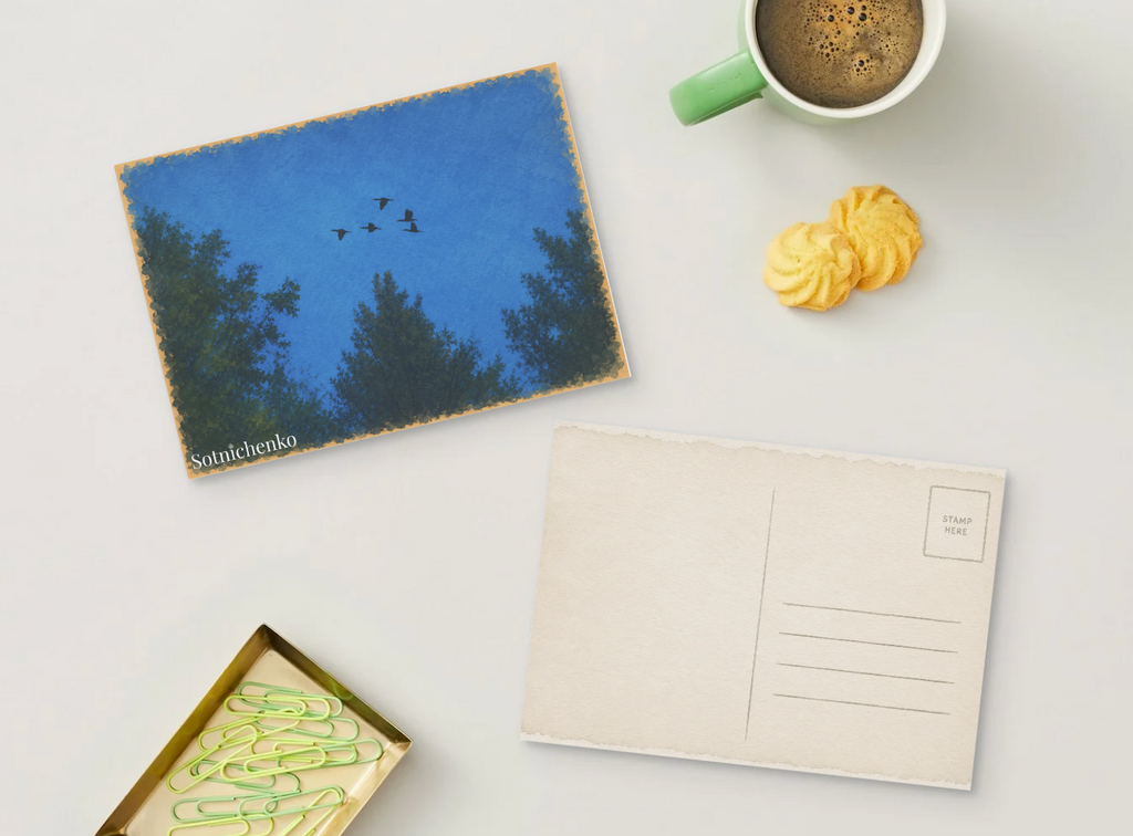 Birds Over Blue Evening — Nature Printable Postcard