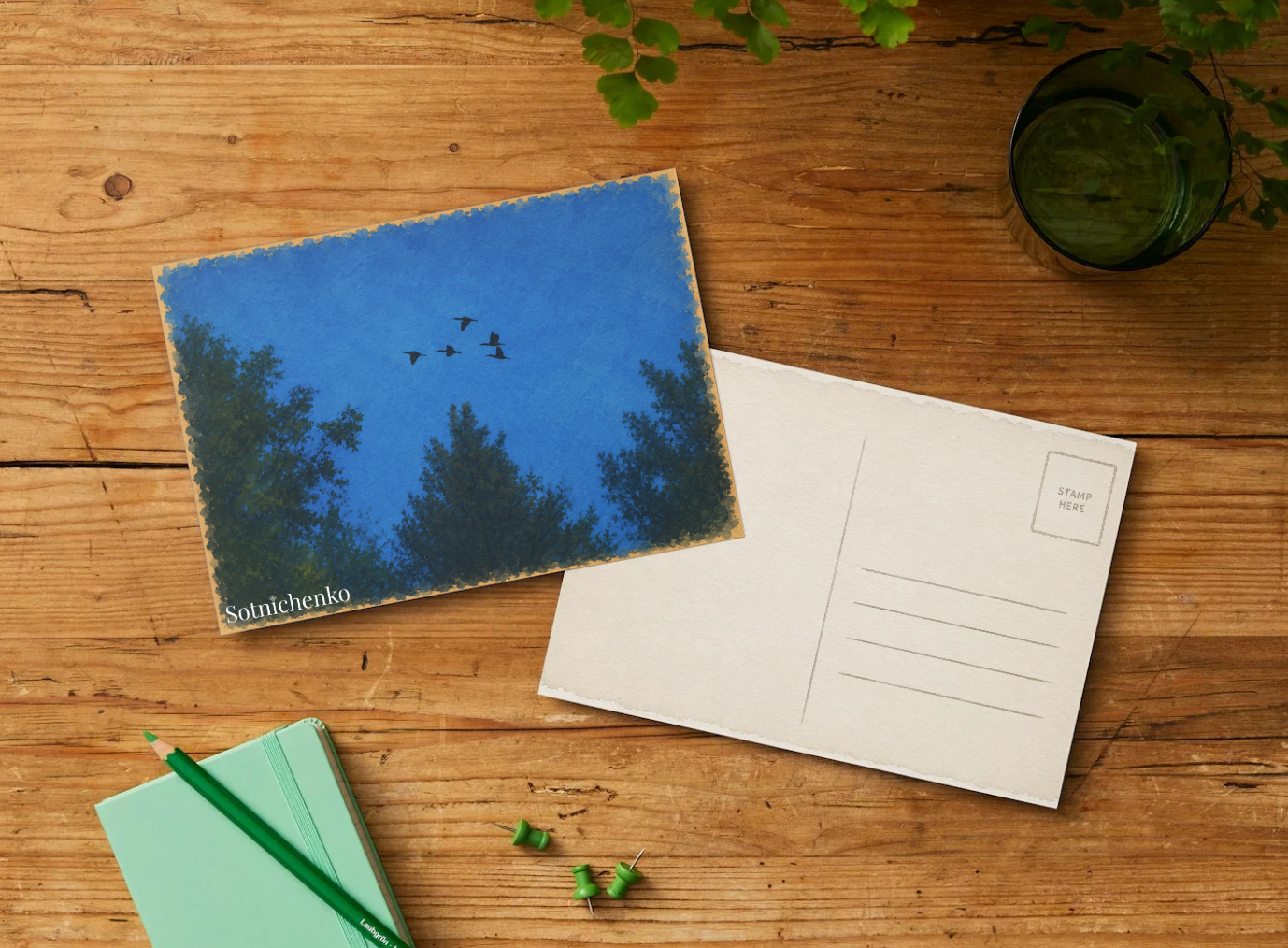 Birds Over Blue Evening — Nature Printable Postcard