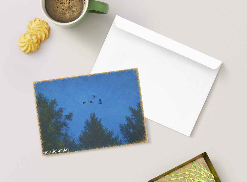 Birds Over Blue Evening — Nature Printable Postcard