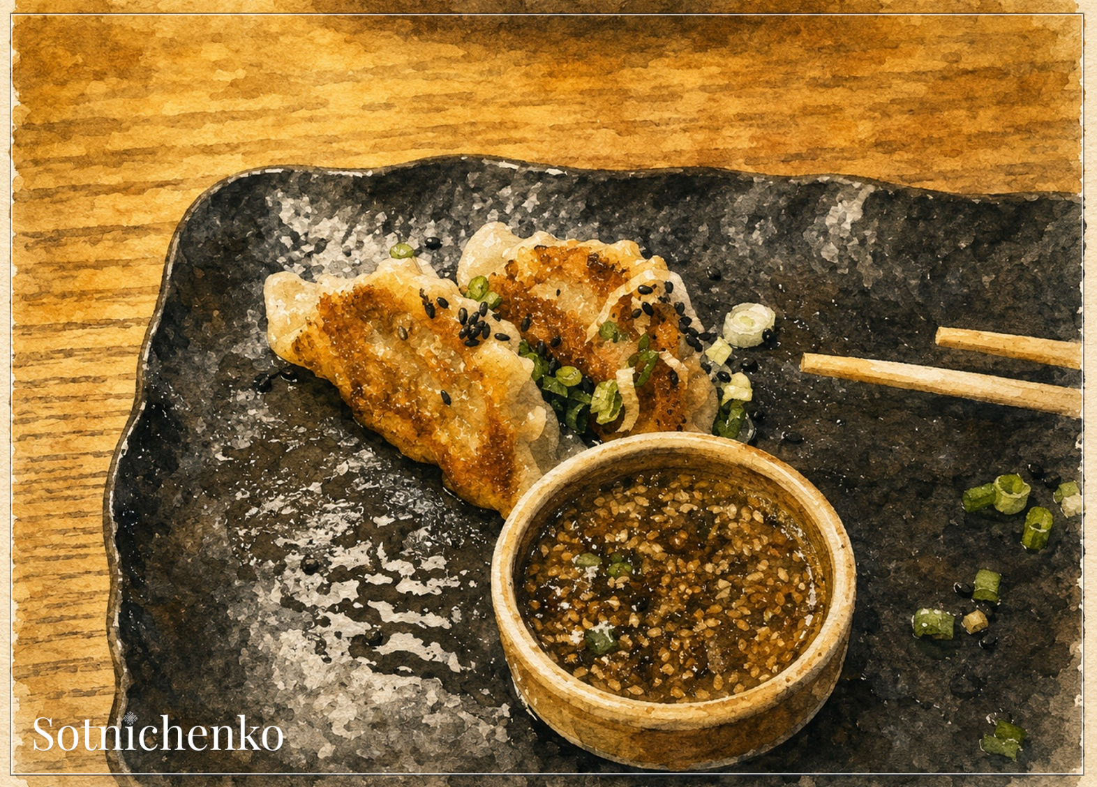 Golden Dumplings on Black Plate — Asian Food Printable Postcard