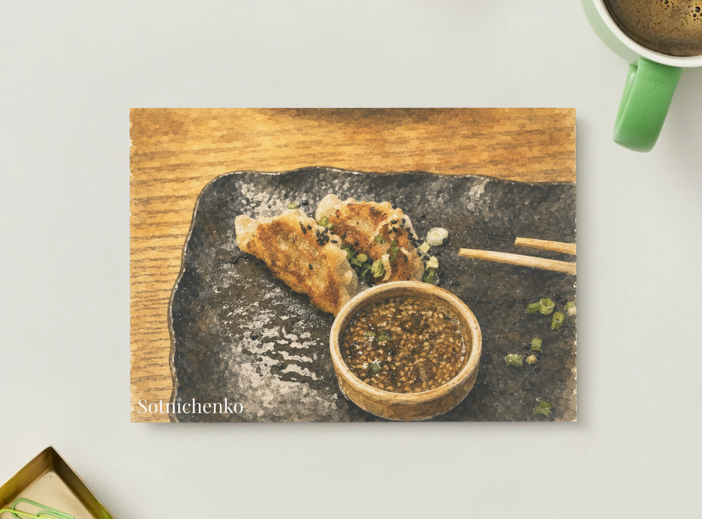 Golden Dumplings on Black Plate — Asian Food Printable Postcard