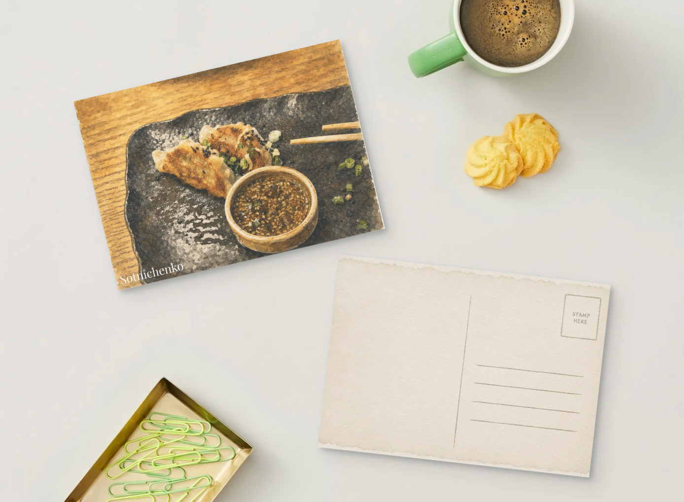 Golden Dumplings on Black Plate — Asian Food Printable Postcard