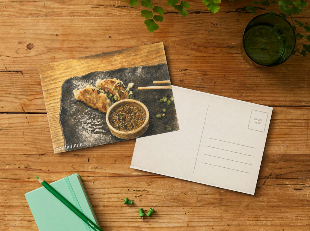 Golden Dumplings on Black Plate — Asian Food Printable Postcard
