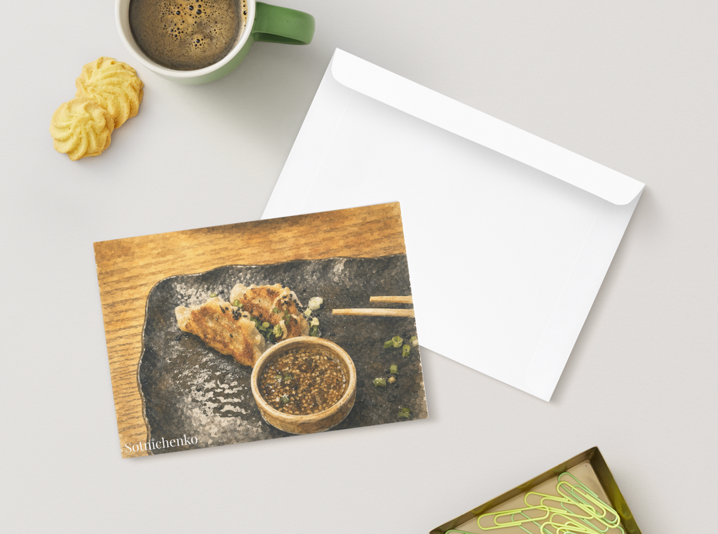 Golden Dumplings on Black Plate — Asian Food Printable Postcard