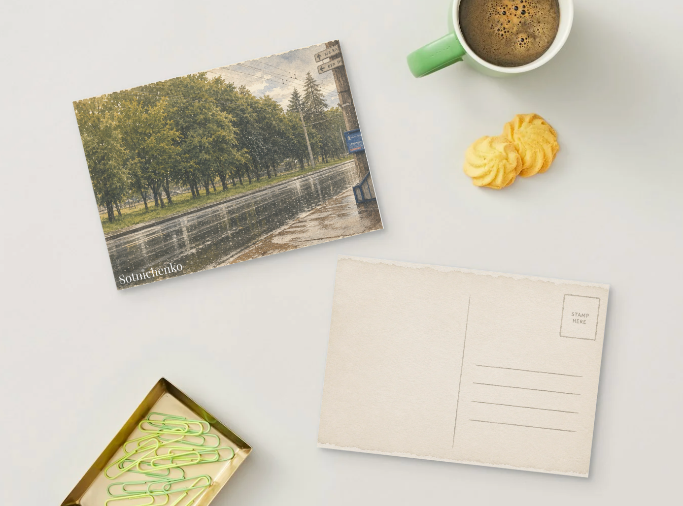 Wet Street After Rain — Vintage City Printable Postcard