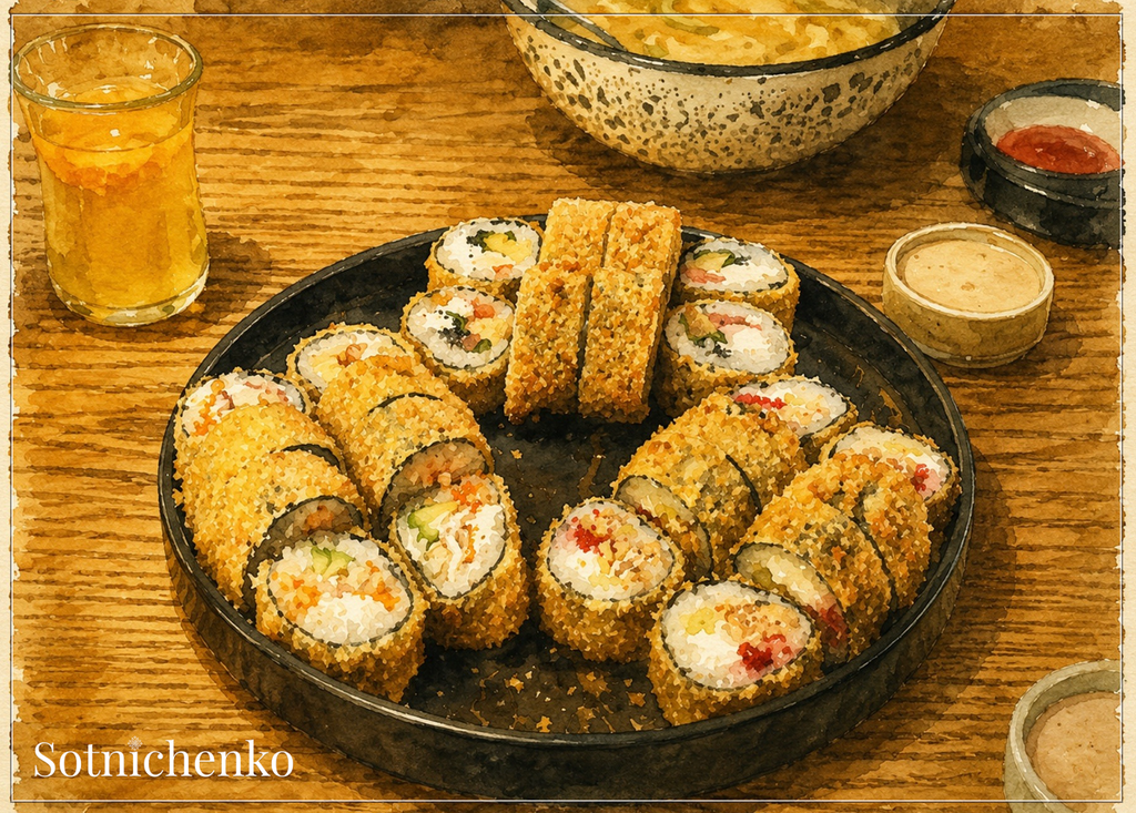 Golden Sushi Rolls — Asian Food Printable Postcard