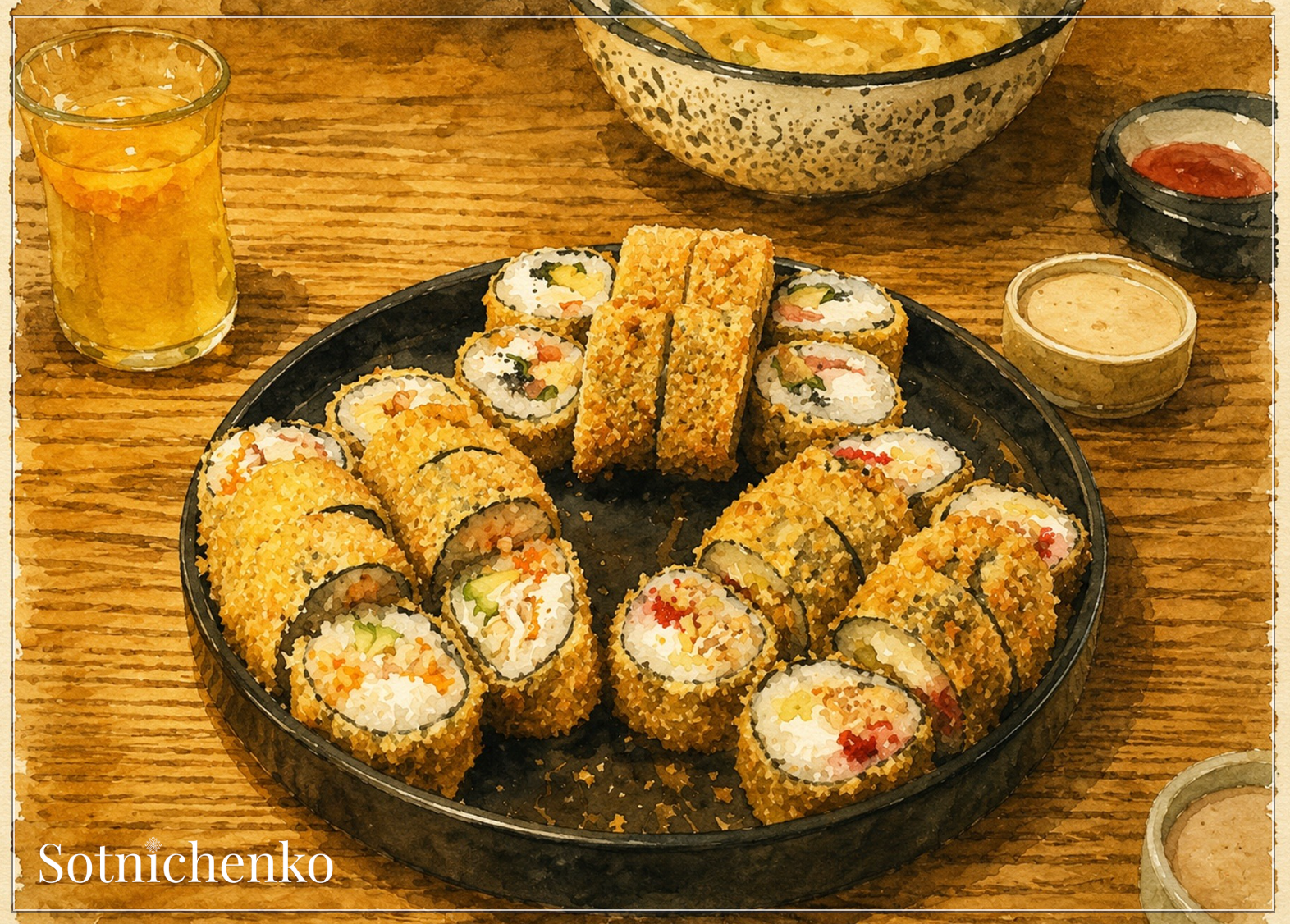 Golden Sushi Rolls — Asian Food Printable Postcard