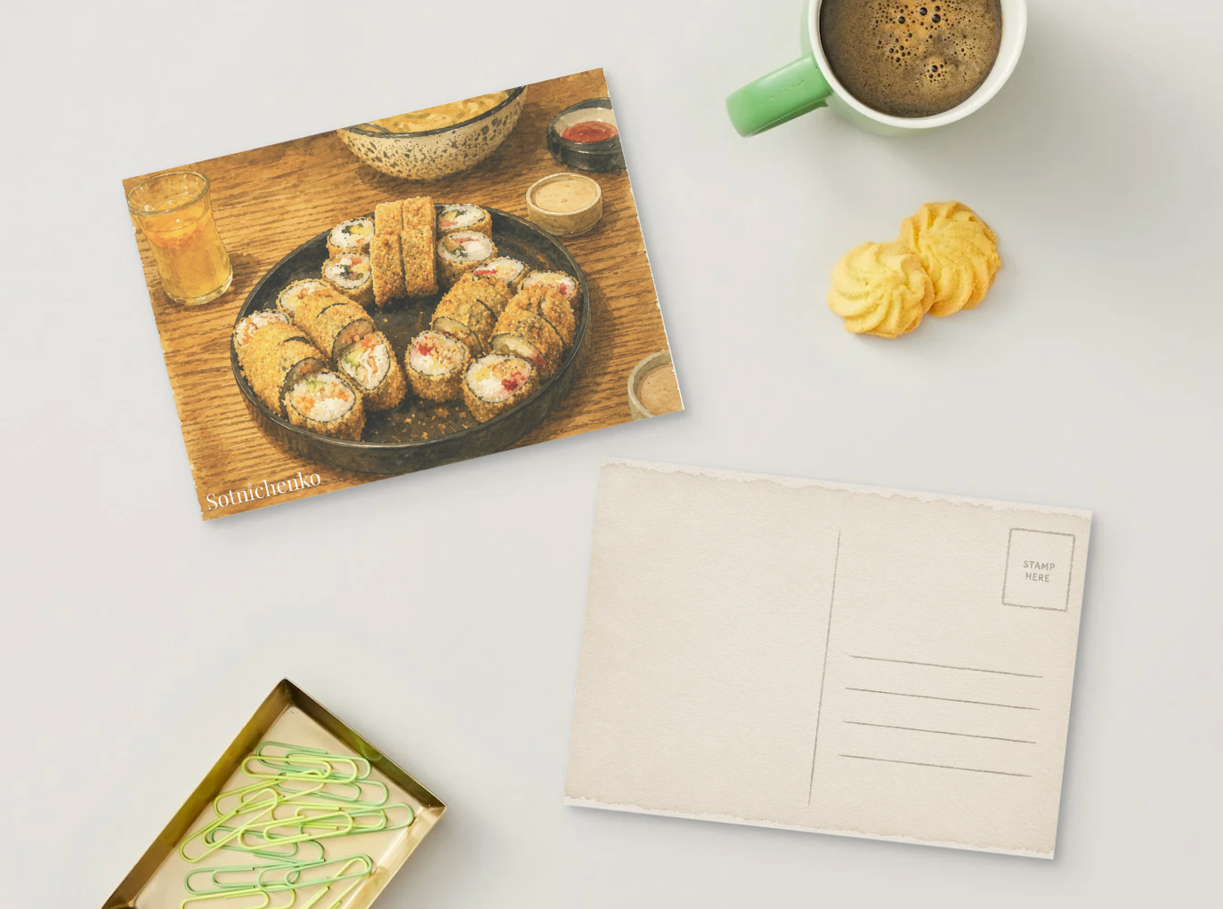 Golden Sushi Rolls — Asian Food Printable Postcard