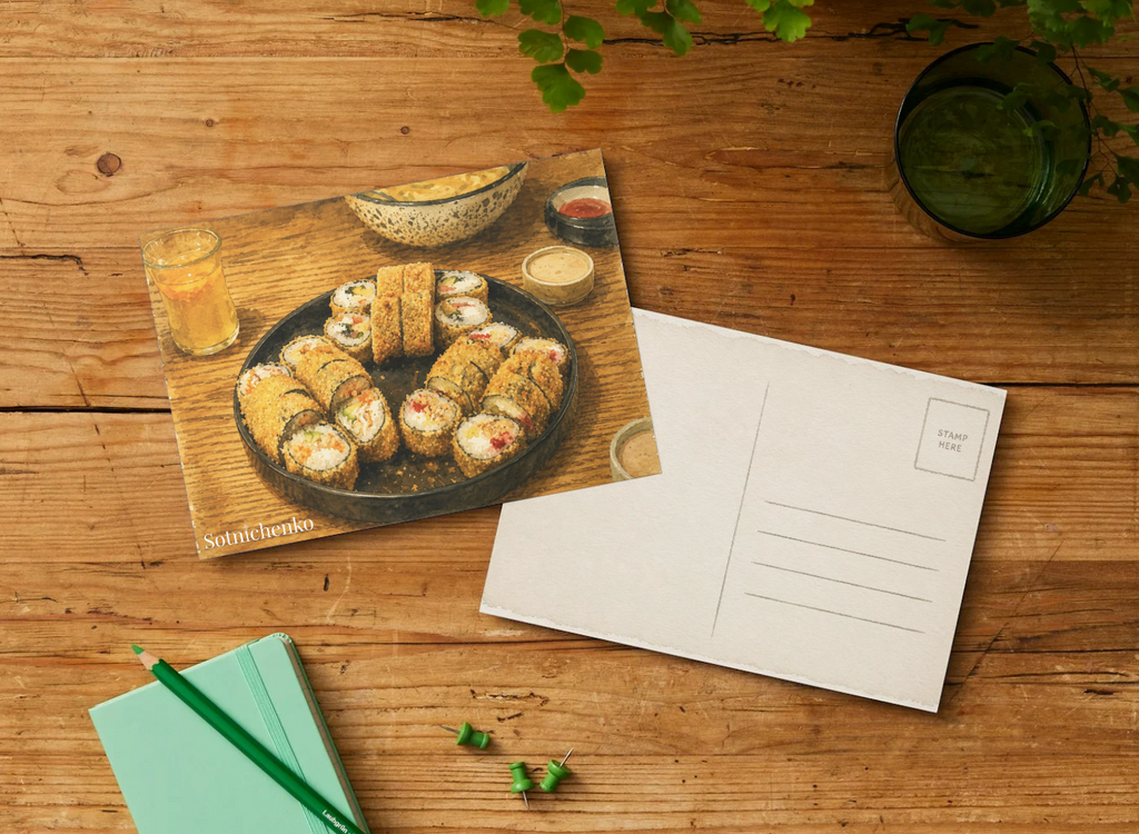 Golden Sushi Rolls — Asian Food Printable Postcard