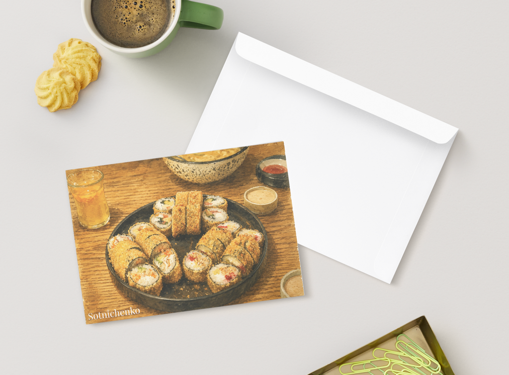 Golden Sushi Rolls — Asian Food Printable Postcard