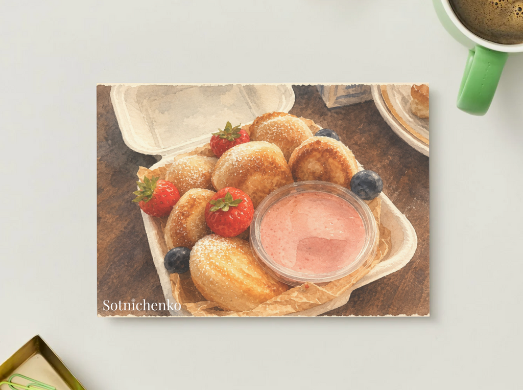 Mini Pancakes with Strawberry Cream — Dessert Printable Postcard