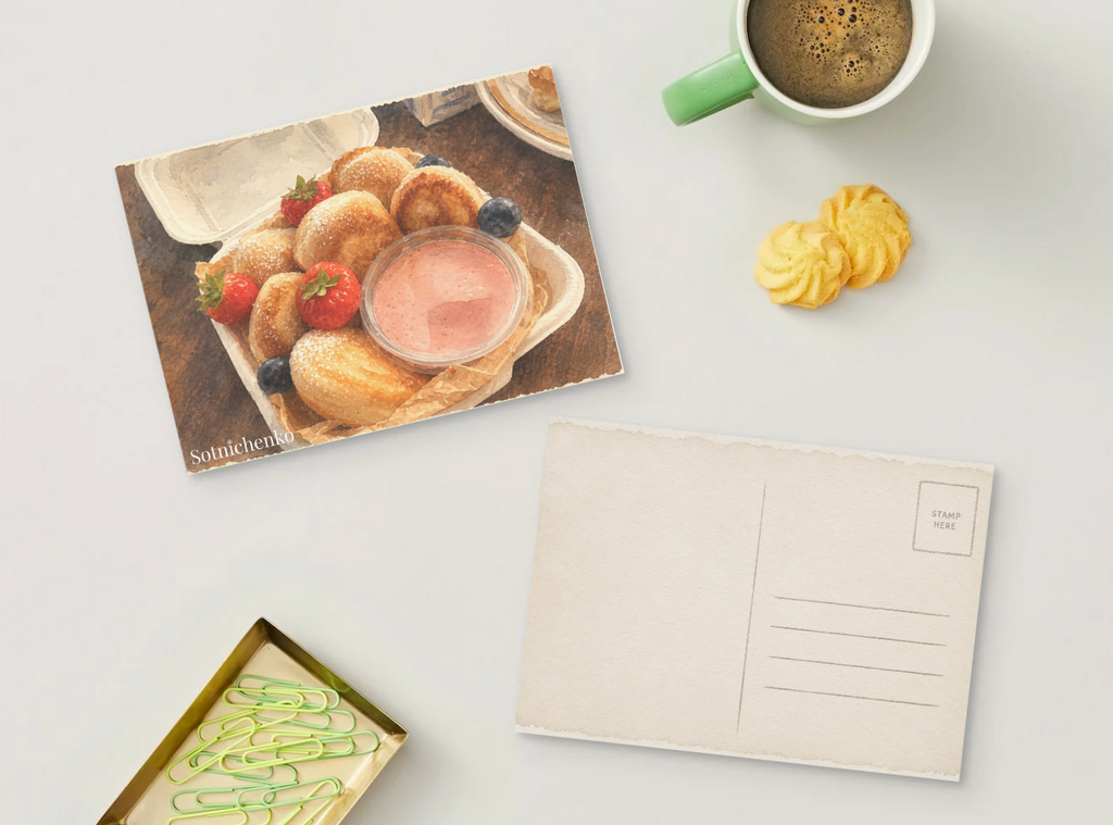 Mini Pancakes with Strawberry Cream — Dessert Printable Postcard
