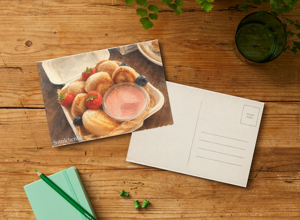 Mini Pancakes with Strawberry Cream — Dessert Printable Postcard