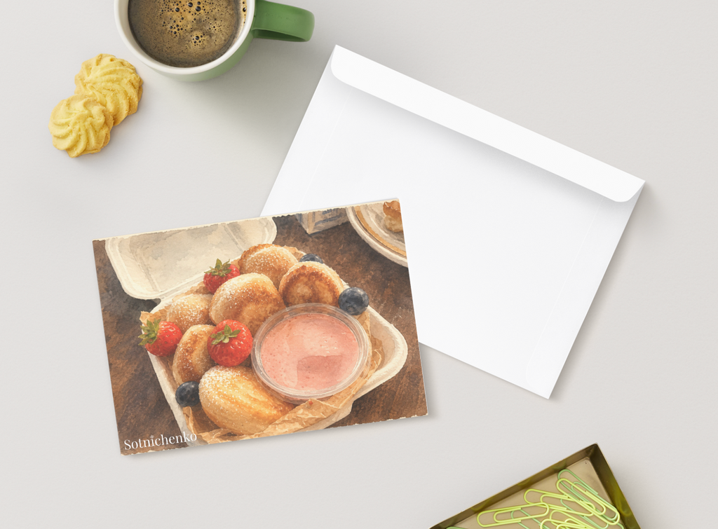 Mini Pancakes with Strawberry Cream — Dessert Printable Postcard