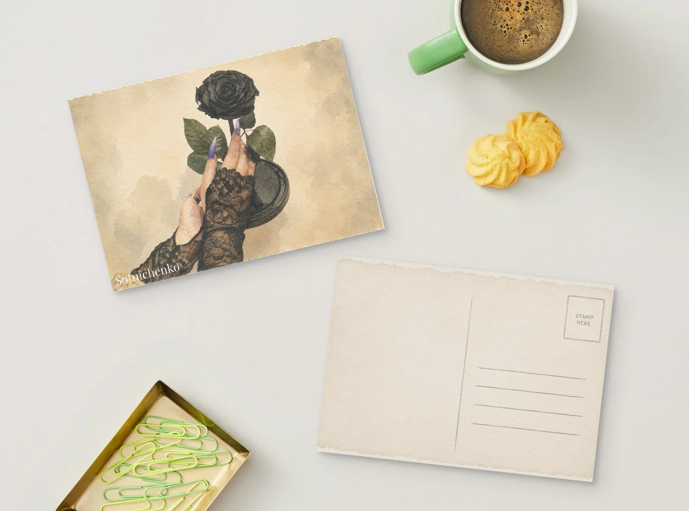 Black Rose in Lace — Gothic Floral Printable Postcard