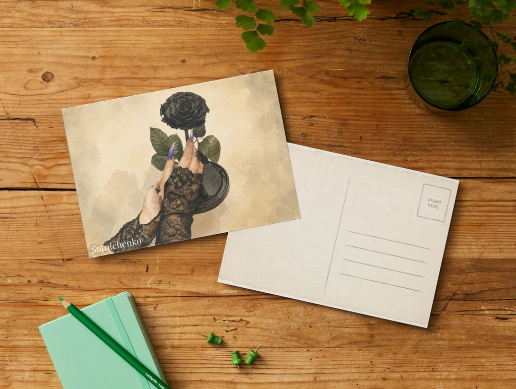 Black Rose in Lace — Gothic Floral Printable Postcard