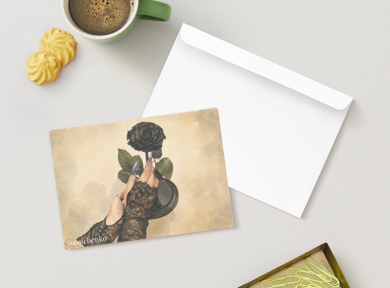 Black Rose in Lace — Gothic Floral Printable Postcard