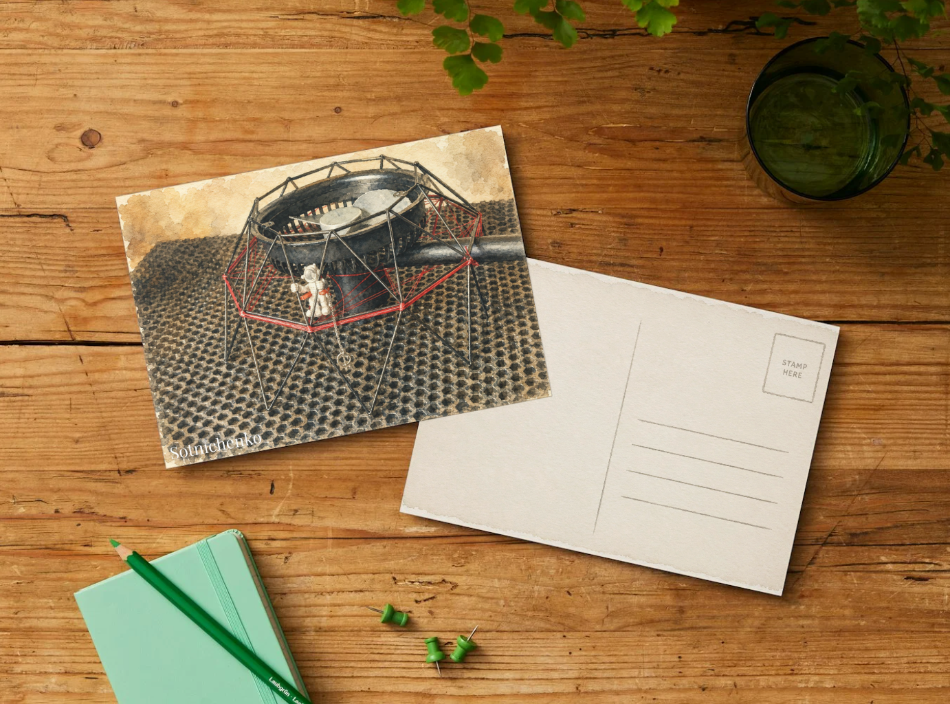 Little Astronaut Landing — Vintage Space Printable Postcard