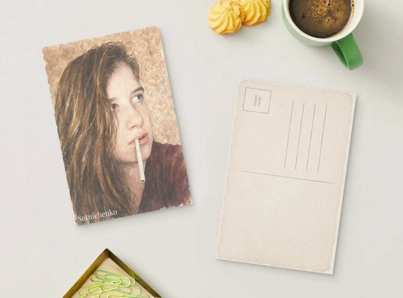 Restless Portrait — Moody Watercolor Printable Postcard