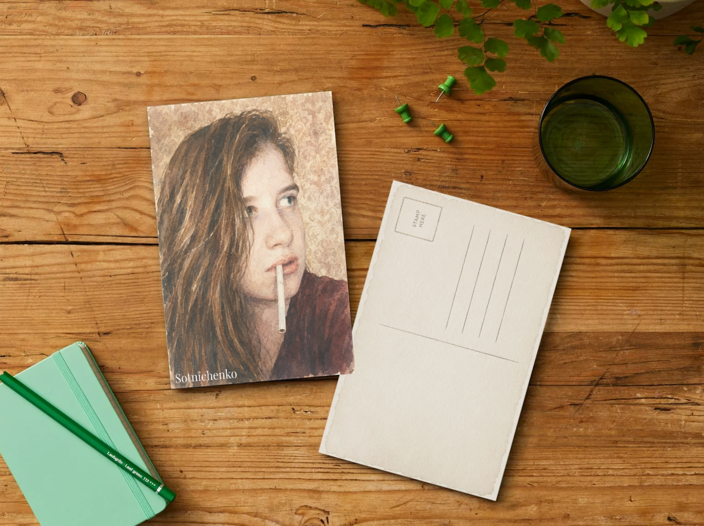Restless Portrait — Moody Watercolor Printable Postcard