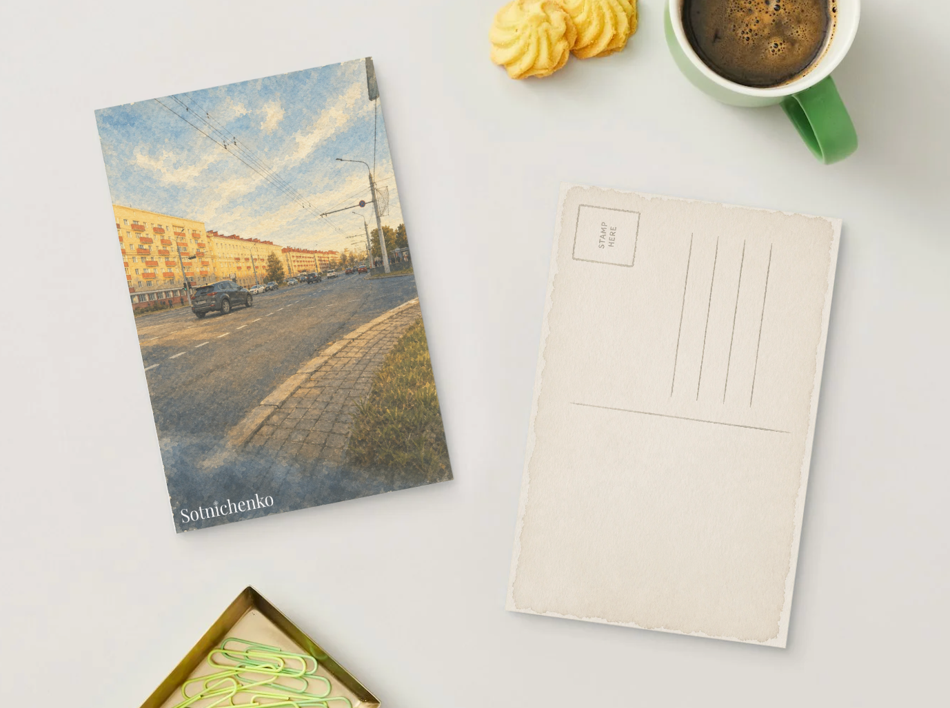 Sunlit Avenue View — Vintage City Printable Postcard