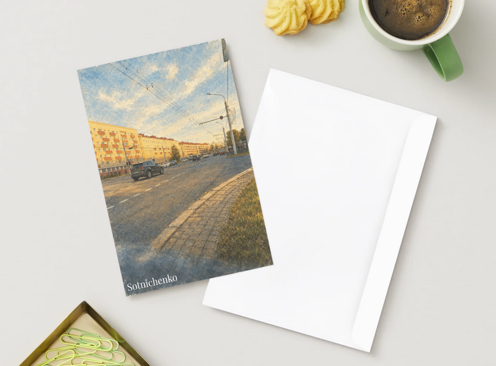 Sunlit Avenue View — Vintage City Printable Postcard