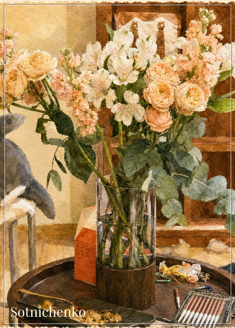 Peach Bouquet on Table — Floral Printable Postcard