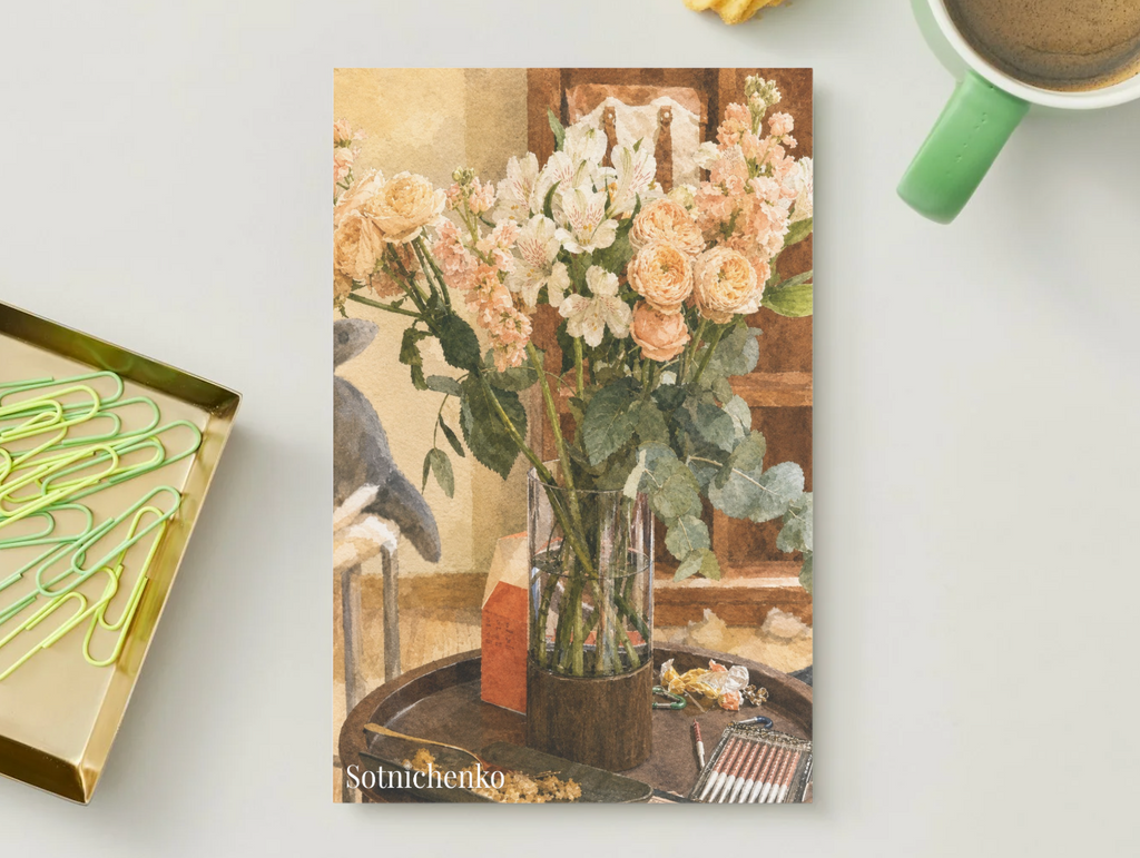 Peach Bouquet on Table — Floral Printable Postcard