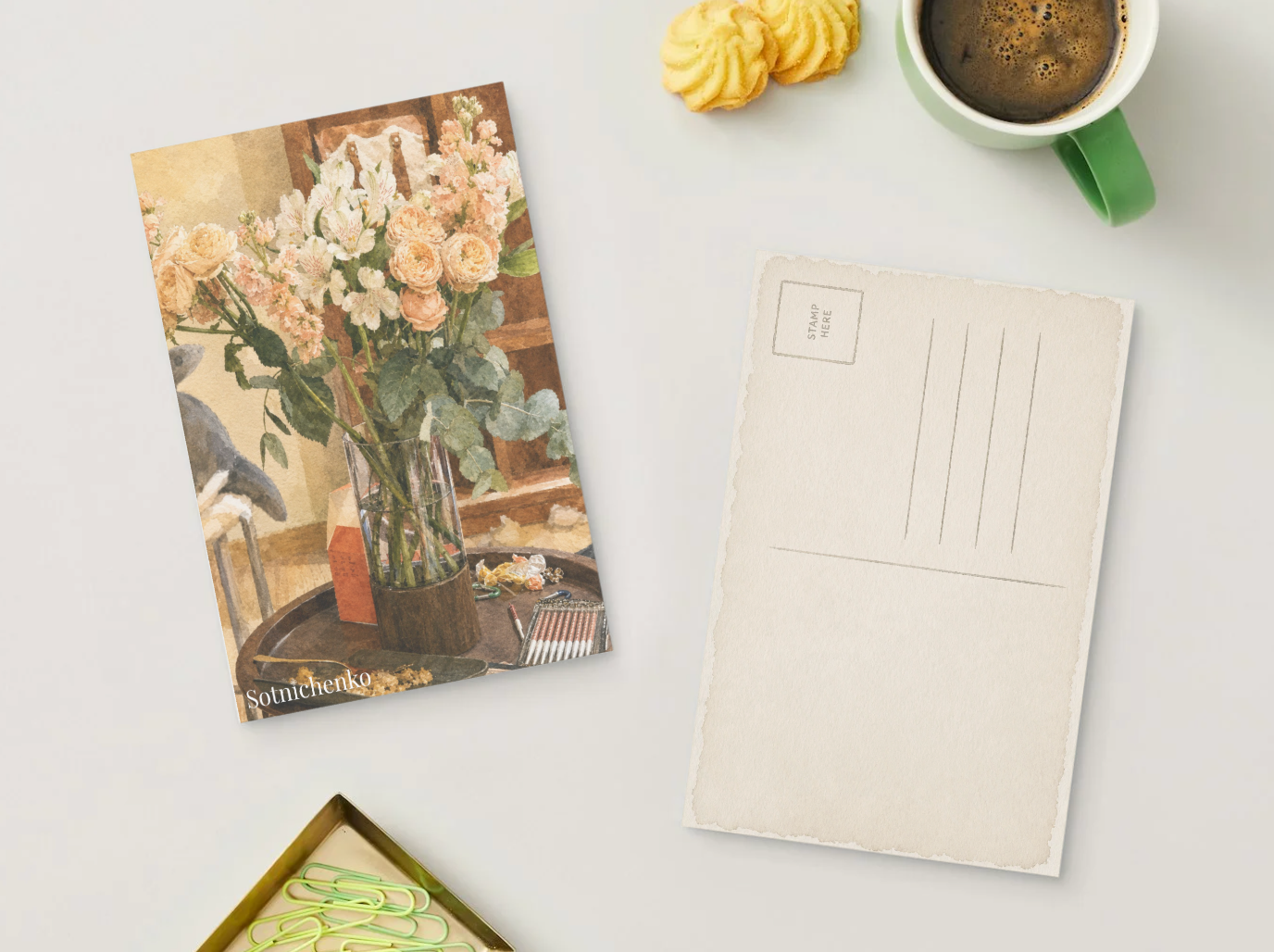 Peach Bouquet on Table — Floral Printable Postcard