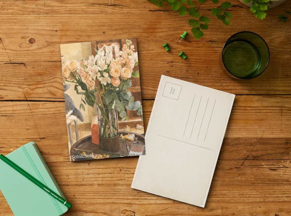 Peach Bouquet on Table — Floral Printable Postcard