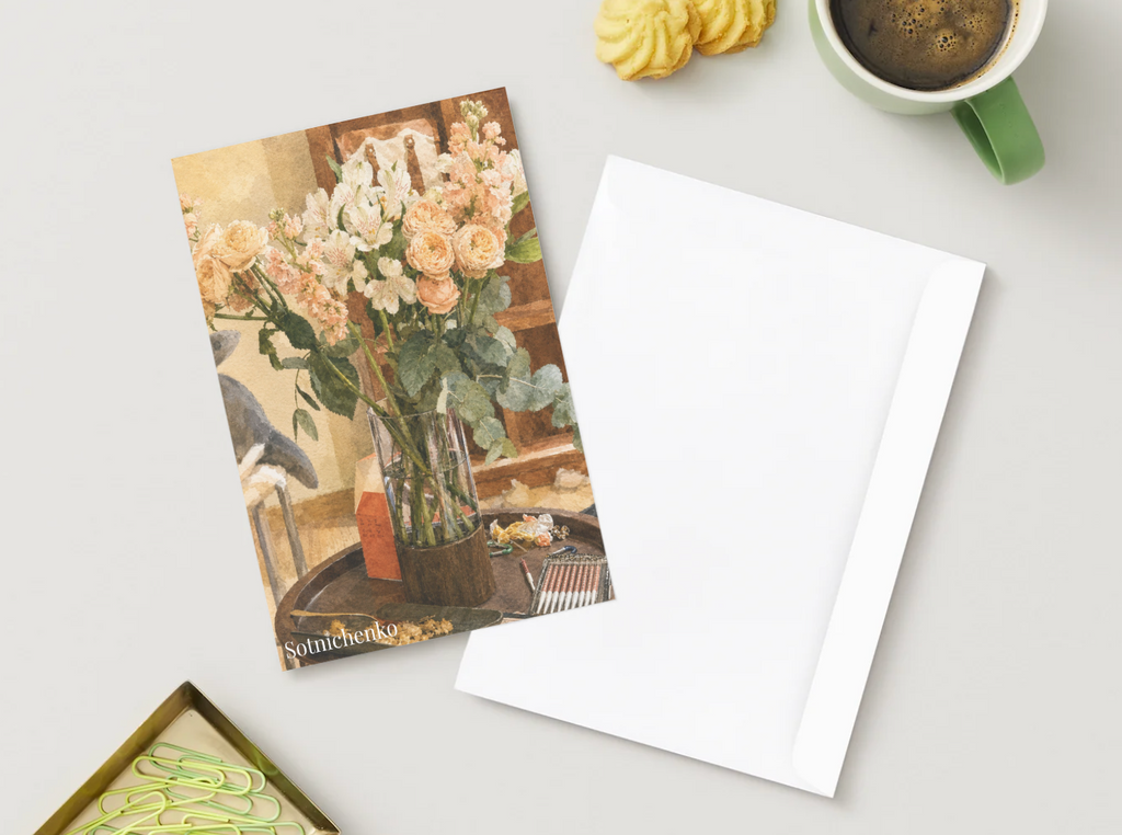 Peach Bouquet on Table — Floral Printable Postcard