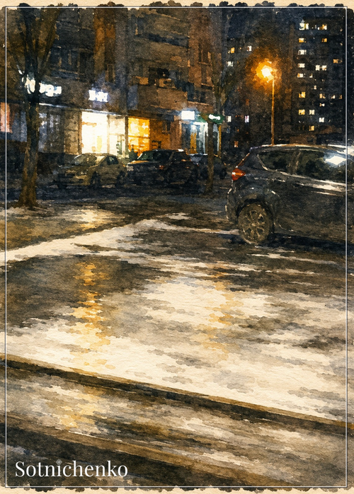 City Lights on Wet Pavement — Vintage Night Printable Postcard