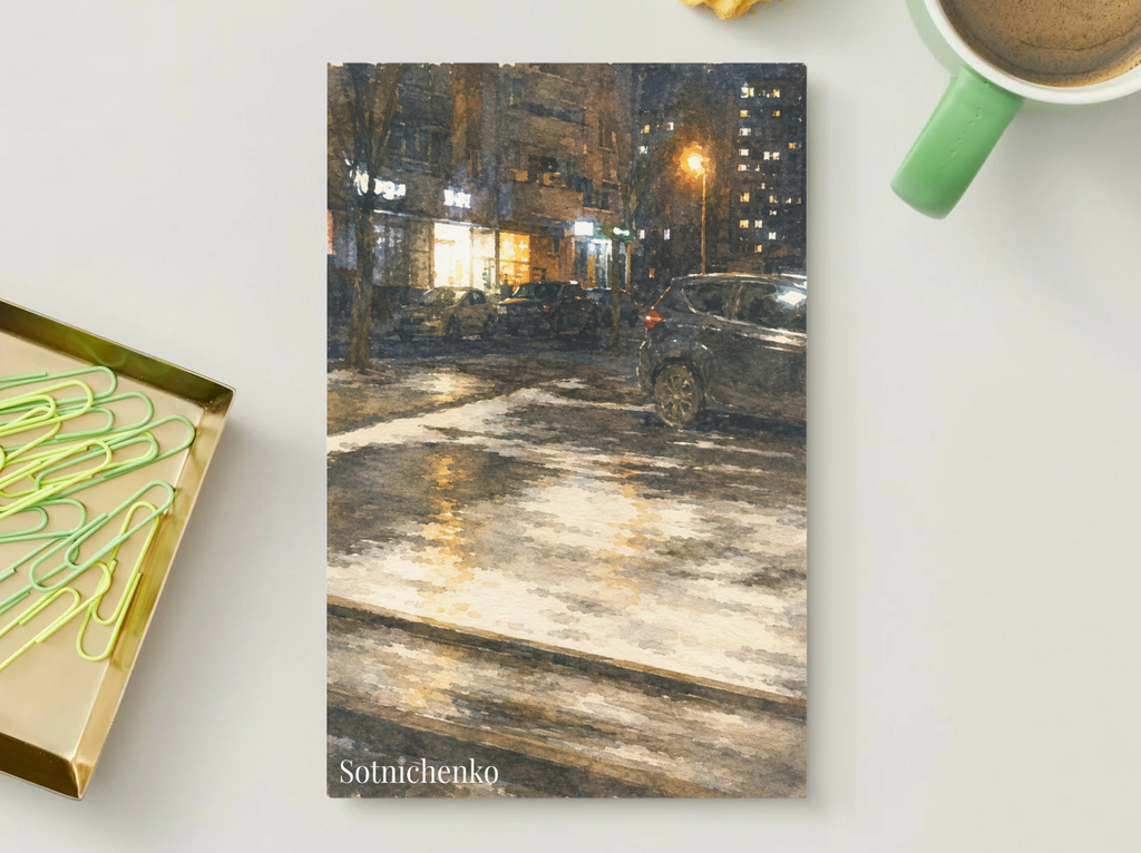 City Lights on Wet Pavement — Vintage Night Printable Postcard
