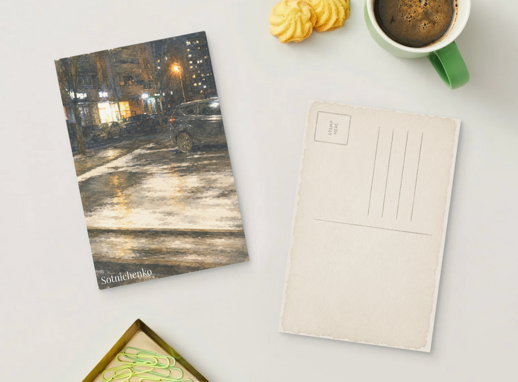 City Lights on Wet Pavement — Vintage Night Printable Postcard