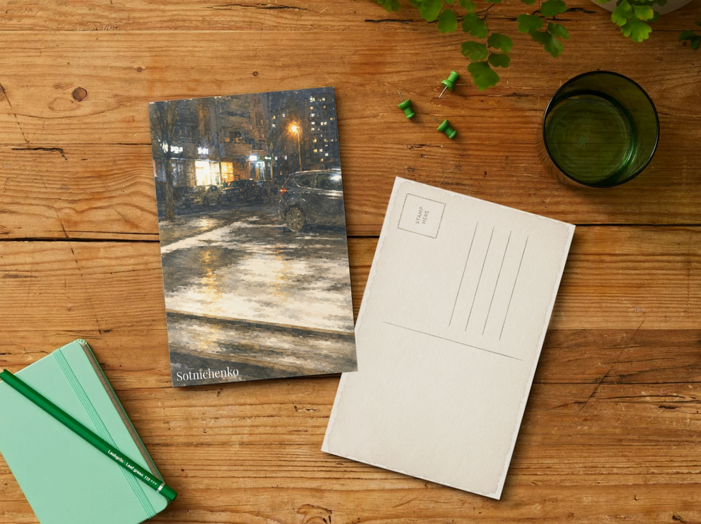 City Lights on Wet Pavement — Vintage Night Printable Postcard